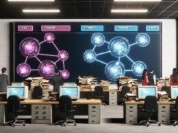 Szenario eines futuristischen Büros: Alte Computer und Faxgeräte auf kaputten Schreibtischen, daneben eine moderne Benutzeroberfläche in einer Glasvitrine mit leuchtenden Netzwerken, während Menschen veraltete Geräte auf einen digitalen Schrottplatz werfen.