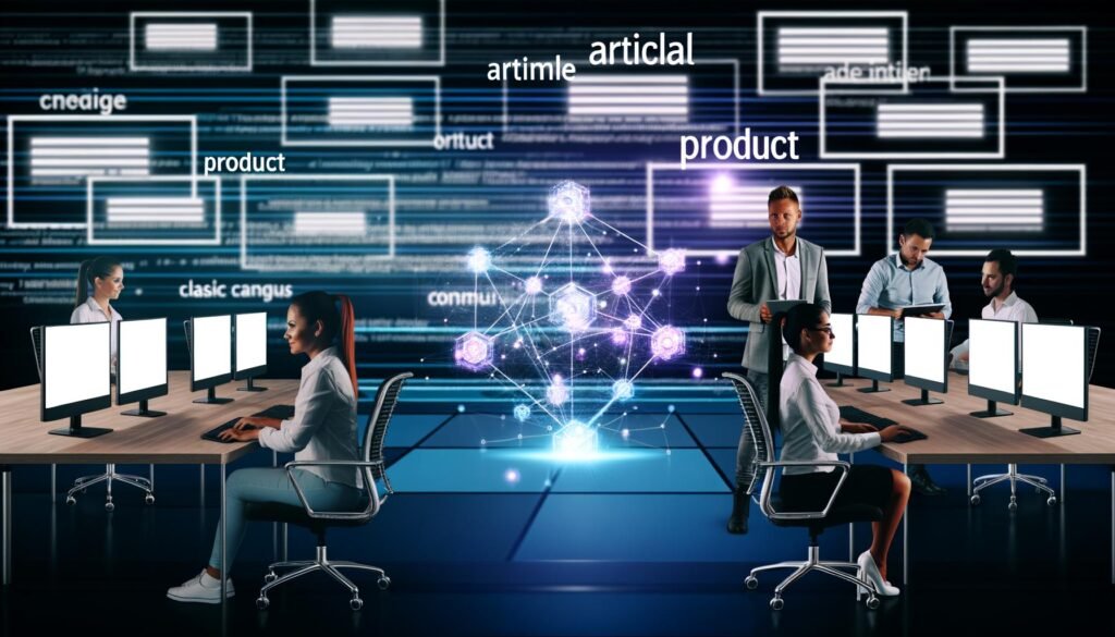 Futuristisches Büro mit Fachleuten, einem holografischen Datenmodell mit verbundenen Entitäten und verblassenden CMS-Logos im Hintergrund. Symbol für den Übergang ins semantische Zeitalter.