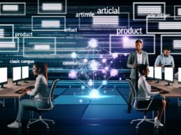 Futuristisches Büro mit Fachleuten, einem holografischen Datenmodell mit verbundenen Entitäten und verblassenden CMS-Logos im Hintergrund. Symbol für den Übergang ins semantische Zeitalter.