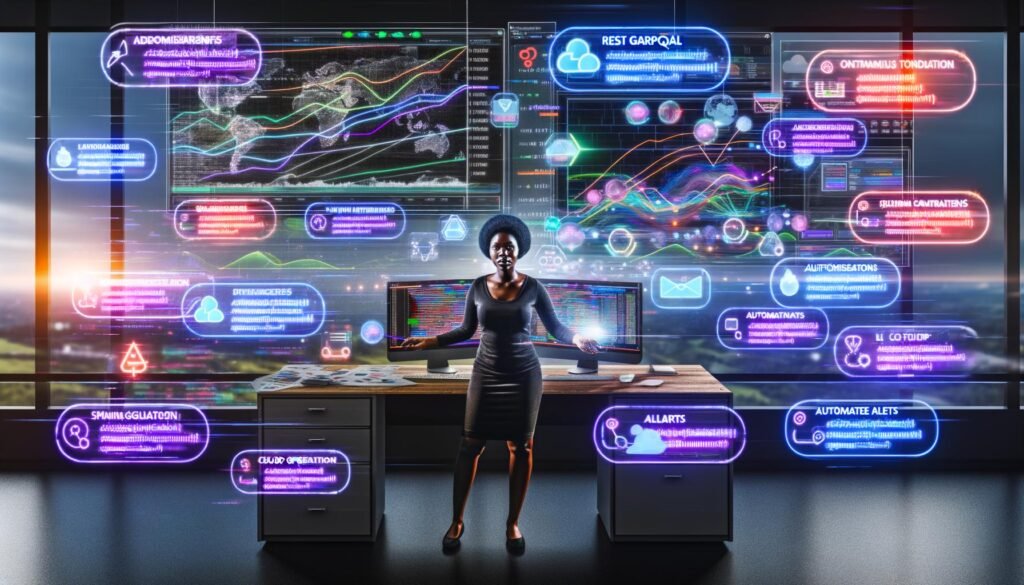 Online-Marketing-Experte in modernem Workspace mit mehreren Bildschirmen, digitalen Dashboards, Datenflüssen, API-Verbindungen, Automatisierung und Symbolen führender Werbe- und Analyse-Tools.