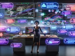 Online-Marketing-Experte in modernem Workspace mit mehreren Bildschirmen, digitalen Dashboards, Datenflüssen, API-Verbindungen, Automatisierung und Symbolen führender Werbe- und Analyse-Tools.