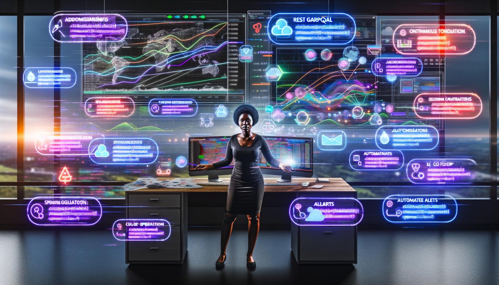 Online-Marketing-Experte in modernem Workspace mit mehreren Bildschirmen, digitalen Dashboards, Datenflüssen, API-Verbindungen, Automatisierung und Symbolen führender Werbe- und Analyse-Tools.