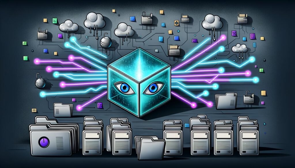 Dystopisch anmutende Illustration eines CMS-Backends mit Leuchtleitungen, verstaubten Ordnern und überladenen Seitenleisten. Im Hintergrund steht ein gläserner Datenkubus, verbunden mit Schema.org, JSON-LD, RDFa und Microdata, beobachtet von maschinenartigen Augen.