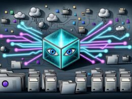 Dystopisch anmutende Illustration eines CMS-Backends mit Leuchtleitungen, verstaubten Ordnern und überladenen Seitenleisten. Im Hintergrund steht ein gläserner Datenkubus, verbunden mit Schema.org, JSON-LD, RDFa und Microdata, beobachtet von maschinenartigen Augen.