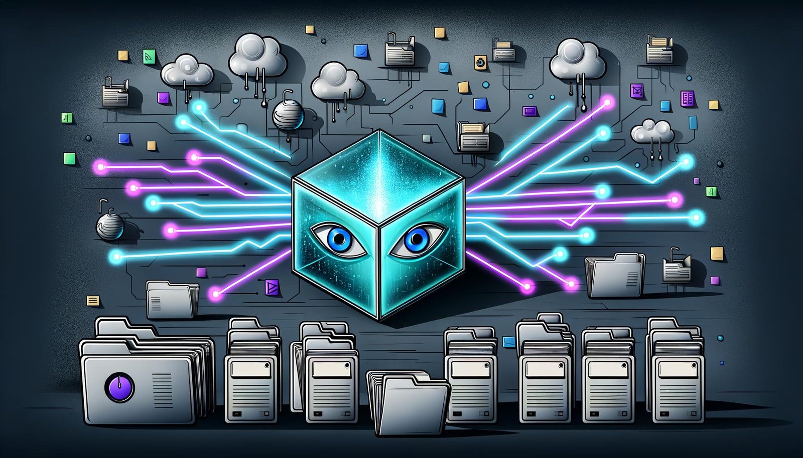 Dystopisch anmutende Illustration eines CMS-Backends mit Leuchtleitungen, verstaubten Ordnern und überladenen Seitenleisten. Im Hintergrund steht ein gläserner Datenkubus, verbunden mit Schema.org, JSON-LD, RDFa und Microdata, beobachtet von maschinenartigen Augen.