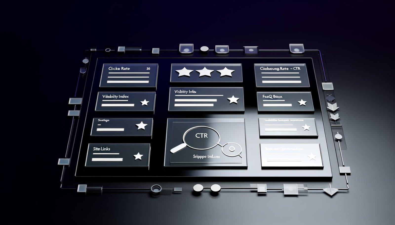 Modernes, dunkles Dashboard mit übersichtlichen Kacheln, SEO-Kennzahlen und Icons für SERP-Features in einem innovativen SaaS-Design.