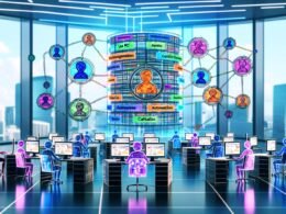 Futuristische digitale Redaktion mit Redakteuren, KI-Systemen, Knowledge Graph und modernen Technologien, klassische CMS-Lösungen verblassen im Hintergrund.