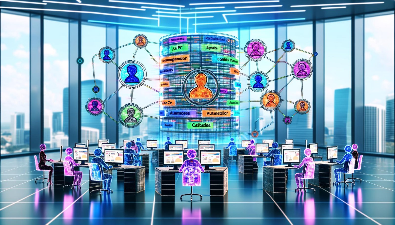 Futuristische digitale Redaktion mit Redakteuren, KI-Systemen, Knowledge Graph und modernen Technologien, klassische CMS-Lösungen verblassen im Hintergrund.