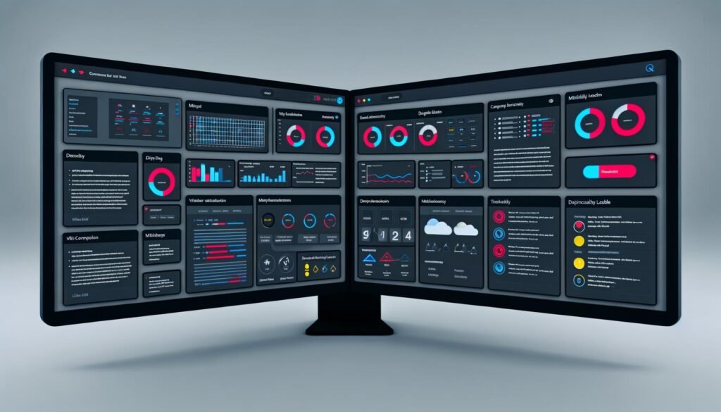 Dark Mode Web-Dashboard auf zwei Monitoren mit interaktiven Diagrammen, Filterpanel, Navigation und barrierefreien Elementen wie kontrastreichen Farben und Tastatur-Fokus. Im Hintergrund ein transparentes Gittermuster.