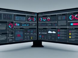 Dark Mode Web-Dashboard auf zwei Monitoren mit interaktiven Diagrammen, Filterpanel, Navigation und barrierefreien Elementen wie kontrastreichen Farben und Tastatur-Fokus. Im Hintergrund ein transparentes Gittermuster.