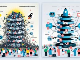 Illustration zweier CMS-Architekturen: Links ein chaotischer Monolith mit alten Plugins und verwirrten Menschen, rechts ein heller, modularer CMS Stack mit glücklichen Nutzern, leuchtenden Datenströmen und modernen Technologien.