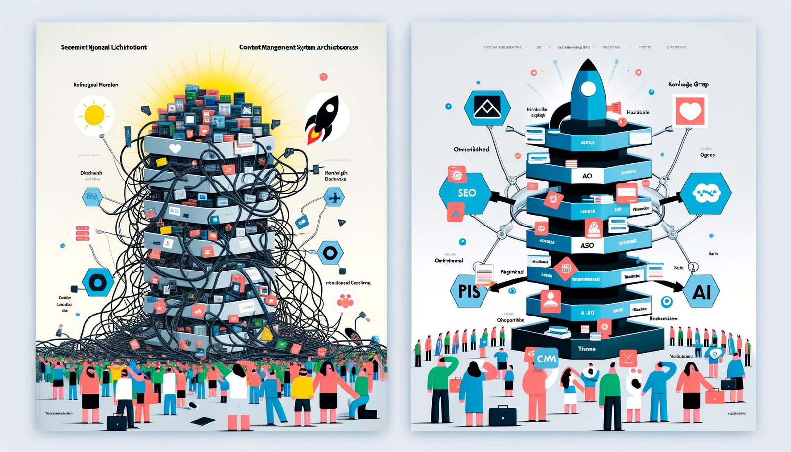 Illustration zweier CMS-Architekturen: Links ein chaotischer Monolith mit alten Plugins und verwirrten Menschen, rechts ein heller, modularer CMS Stack mit glücklichen Nutzern, leuchtenden Datenströmen und modernen Technologien.
