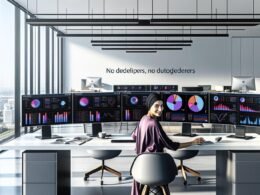 Marketing-Expertin an großem Schreibtisch vor mehreren Monitoren mit Dash Dashboard voller Echtzeit-Charts, Schieberegler und Datentabellen in einem modernen, minimalistischen Workspace.