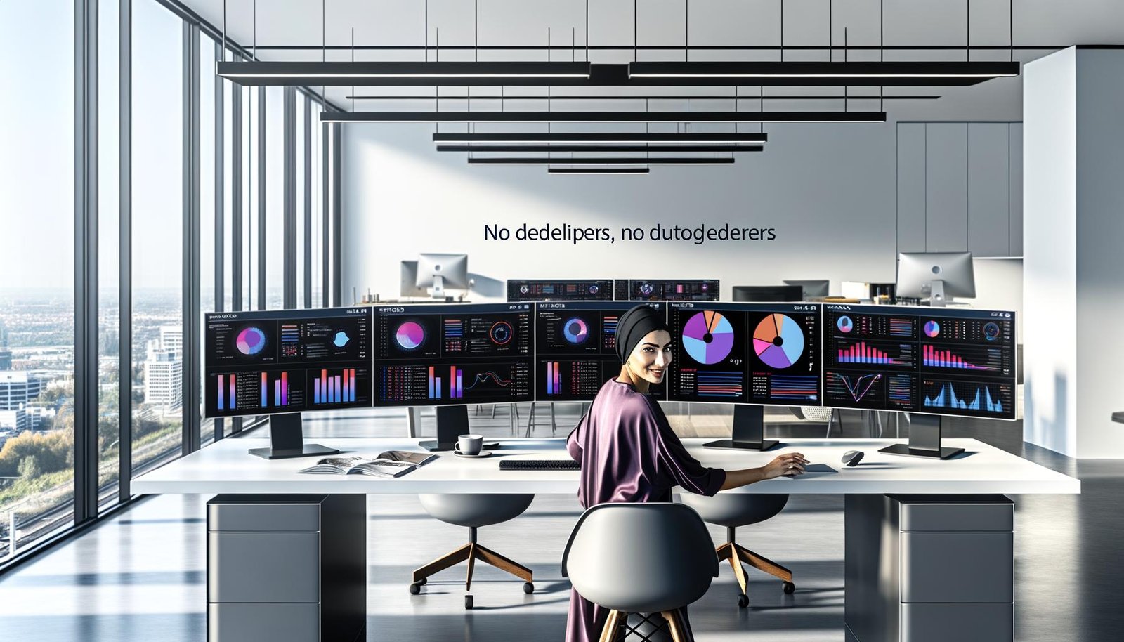 Marketing-Expertin an großem Schreibtisch vor mehreren Monitoren mit Dash Dashboard voller Echtzeit-Charts, Schieberegler und Datentabellen in einem modernen, minimalistischen Workspace.