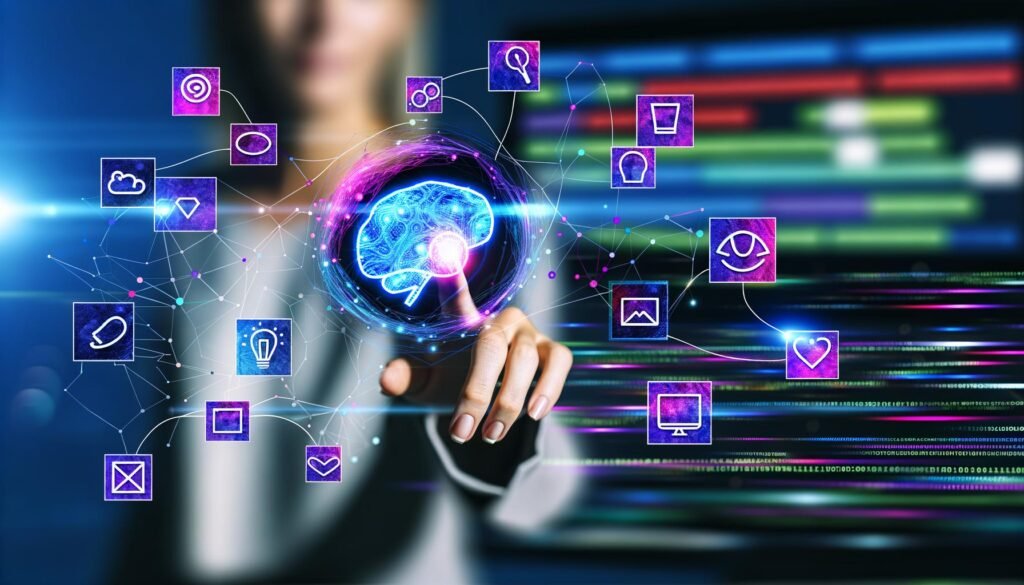 Schwebendes transparentes digitales Interface mit neuronalen Netzwerkverbindungen, einer interagierenden Hand und leuchtenden kreativen Inhalten vor verschwimmendem Hightech-Hintergrund.