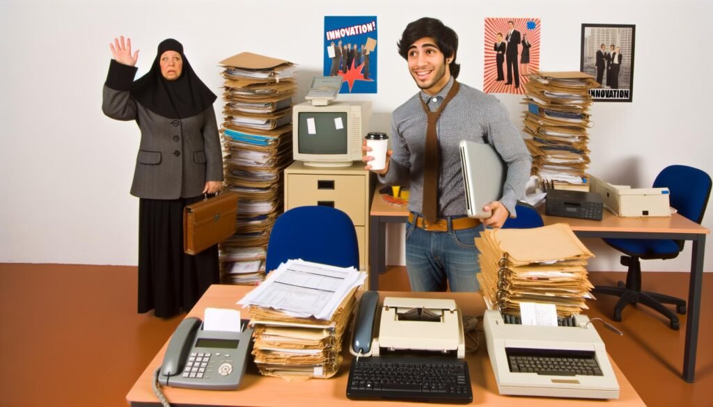 Genervter Start-up-Gründer mit Laptop und Kaffee an vollgestapeltem Schreibtisch neben Akten, Faxgerät, Formularen und traditioneller Verwaltungskraft vor Regal mit Röhrenmonitoren und alter Technik.