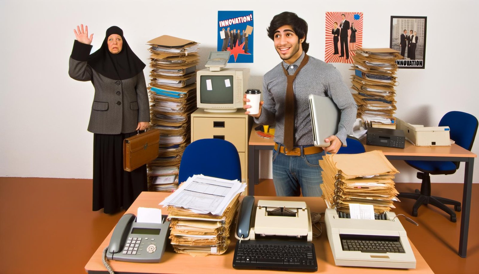 Genervter Start-up-Gründer mit Laptop und Kaffee an vollgestapeltem Schreibtisch neben Akten, Faxgerät, Formularen und traditioneller Verwaltungskraft vor Regal mit Röhrenmonitoren und alter Technik.