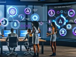 Team von Marketing-Profis arbeitet in einer modernen Agentur an einem digitalen Touchscreen mit Hologramm-Displays, Token-Symbolen und Automatisierungs-Workflows