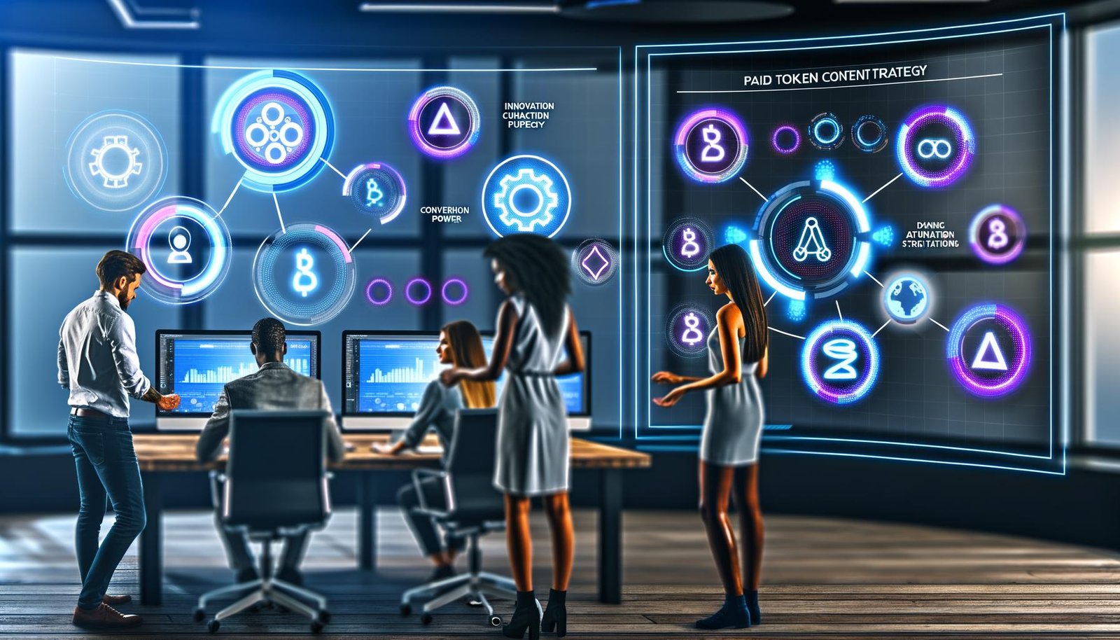 Team von Marketing-Profis arbeitet in einer modernen Agentur an einem digitalen Touchscreen mit Hologramm-Displays, Token-Symbolen und Automatisierungs-Workflows