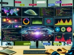 Futuristisches Büro mit großem Dashboard, interaktiven Diagrammen, Python-Code und Steuerung per Maus und Touch. Im Hintergrund sind Cloud- und SQL-Logos sichtbar, digitale Alerts erscheinen auf dem Bildschirm.