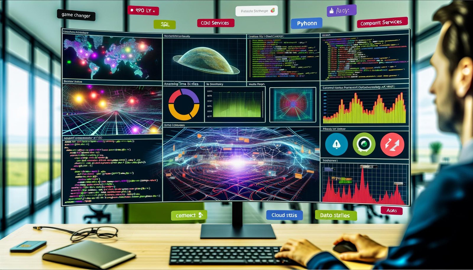Futuristisches Büro mit großem Dashboard, interaktiven Diagrammen, Python-Code und Steuerung per Maus und Touch. Im Hintergrund sind Cloud- und SQL-Logos sichtbar, digitale Alerts erscheinen auf dem Bildschirm.