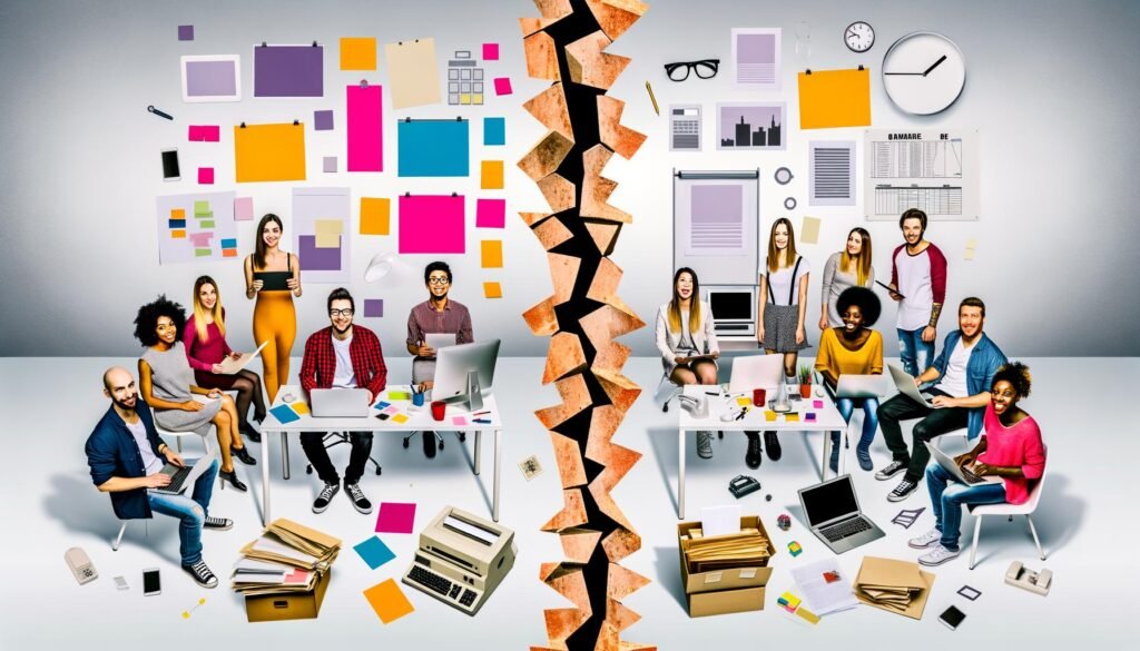 Modernes Doppelporträt: Links ein Startup-Team mit Laptops, digitalen Tools und bunten Post-its, rechts eine traditionelle Verwaltung mit Papierstapeln, Faxgerät und alten Bildschirmtechnologien, getrennt durch eine Bruchlinie.