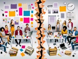 Modernes Doppelporträt: Links ein Startup-Team mit Laptops, digitalen Tools und bunten Post-its, rechts eine traditionelle Verwaltung mit Papierstapeln, Faxgerät und alten Bildschirmtechnologien, getrennt durch eine Bruchlinie.