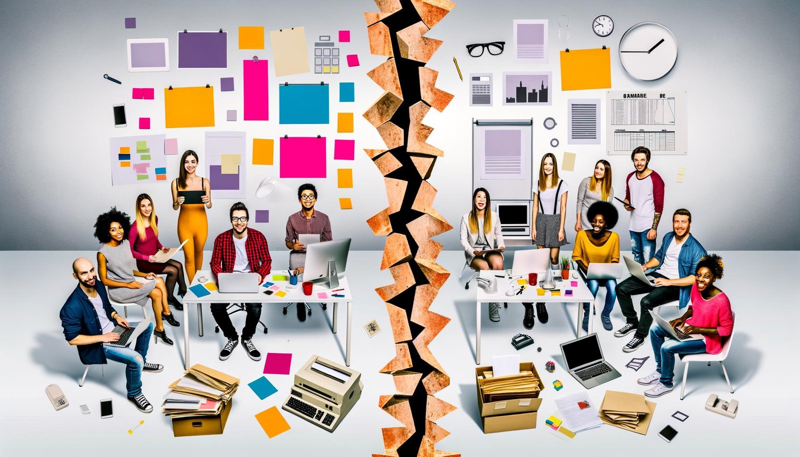 Modernes Doppelporträt: Links ein Startup-Team mit Laptops, digitalen Tools und bunten Post-its, rechts eine traditionelle Verwaltung mit Papierstapeln, Faxgerät und alten Bildschirmtechnologien, getrennt durch eine Bruchlinie.