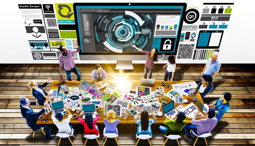 Kreatives Marketingteam arbeitet um einen großen Bildschirm mit Canva-Oberfläche, umgeben von Laptops, Tablets und gedruckten Werbematerialien in einem professionellen, modernen Büro.