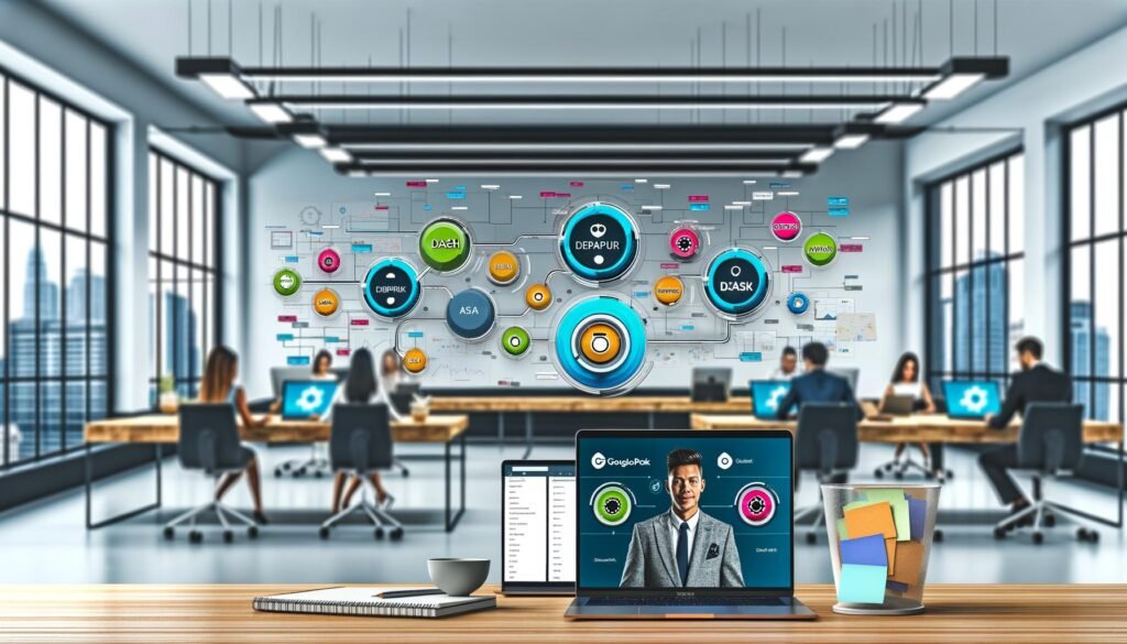 Marketing-Profis arbeiten konzentriert in einem digitalen, effizienten Büro mit Dash Workflow Dashboard und großen Bildschirmen, die bunte Workflow-Diagramme zeigen.