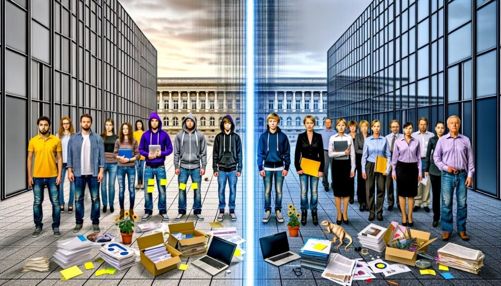 Junges Startup-Team mit Laptops, Kanban-Board und Sticky Notes steht vor klassischen Verwaltungsmitarbeitern in Hemd und Bluse mit Aktenordnern und Papierstapeln; digitaler Riss trennt beide Lager, im Hintergrund ein Regierungsgebäude und moderne Glasfassade.