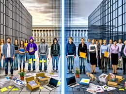 Junges Startup-Team mit Laptops, Kanban-Board und Sticky Notes steht vor klassischen Verwaltungsmitarbeitern in Hemd und Bluse mit Aktenordnern und Papierstapeln; digitaler Riss trennt beide Lager, im Hintergrund ein Regierungsgebäude und moderne Glasfassade.