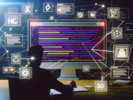 Moderne Workspace-Szene mit Desktop-Monitor und geöffneter Canva-Oberfläche, farbigen Content-Blöcken, Überschriften-Tags, semantischen Listen, Bildern mit Metadaten, sowie Symbolen für Schema.org, JSON-LD, KI und SEO im Vordergrund.