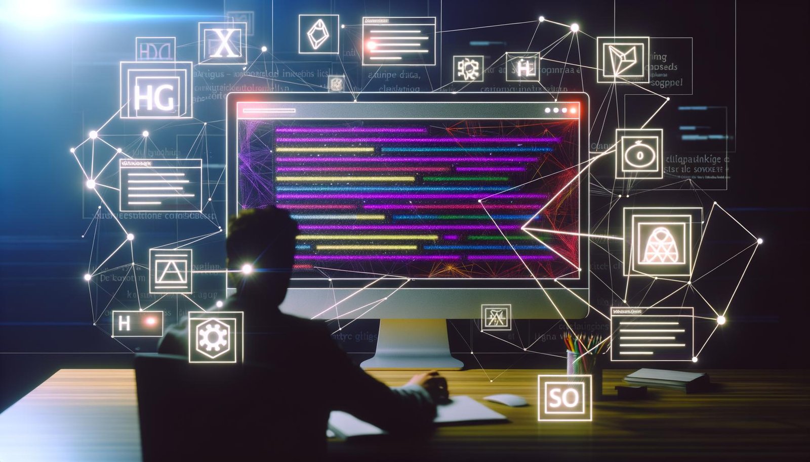 Moderne Workspace-Szene mit Desktop-Monitor und geöffneter Canva-Oberfläche, farbigen Content-Blöcken, Überschriften-Tags, semantischen Listen, Bildern mit Metadaten, sowie Symbolen für Schema.org, JSON-LD, KI und SEO im Vordergrund.