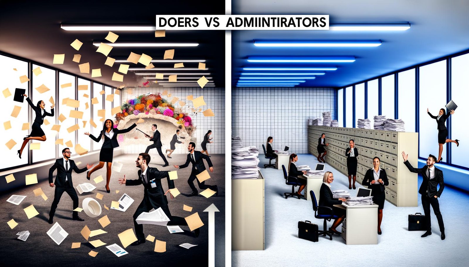 Linke Bildseite zeigt ein umtriebiges Startup-Team im modernen Büro mit Laptops und Post-its, rechte Seite stellt eine träge Verwaltung mit Aktenstapeln und Warteschlange dar. In der Mitte trennt eine Linie mit ‚Macher vs Verwalter‘ beide Welten.