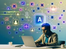 Person arbeitet in modernem, minimalistischem Büro konzentriert am Laptop mit Canva, umgeben von Icons für KI, Social Media und Automatisierung.