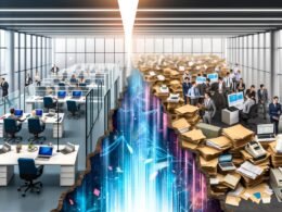 Dynamisches Titelbild zeigt links modernes Startup-Büro mit jungen Teams, rechts eine klassische Amtsstube mit Aktenbergen, zwischen beiden ein digitaler Graben voller Datenströme.