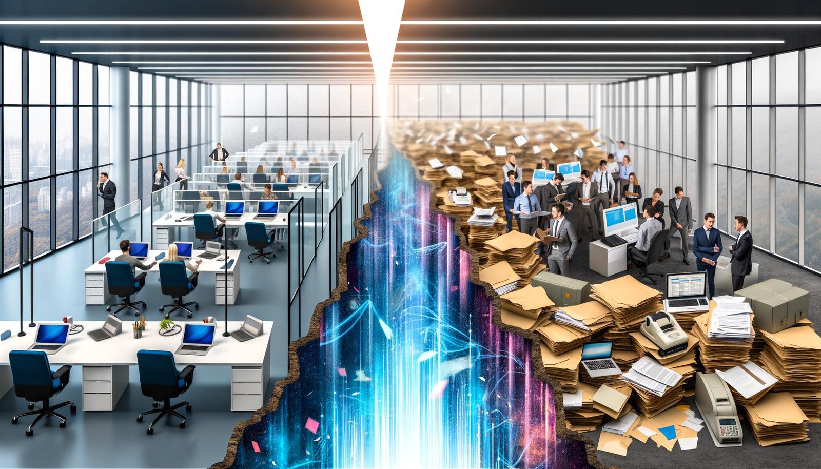 Dynamisches Titelbild zeigt links modernes Startup-Büro mit jungen Teams, rechts eine klassische Amtsstube mit Aktenbergen, zwischen beiden ein digitaler Graben voller Datenströme.