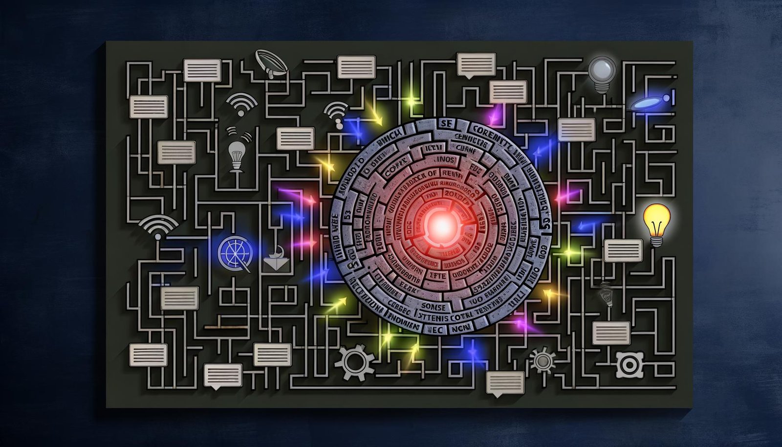 Illustrierte Darstellung eines komplexen Content-Universums mit strahlenden Textblöcken, vernetzten bunten Linien und einem zentralen digitalen Knowledge Graph, umgeben von SEO-, CMS- und Google-Search-Symbolen auf düster-grauem Hintergrund.