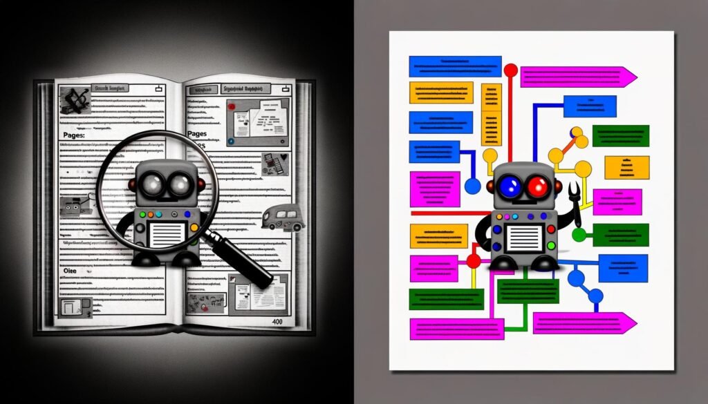 Zweigeteilte Illustration mit chaotischer, altmodischer CMS-Oberfläche links und strukturierter, semantischer CMS-Oberfläche rechts; ein Google-Bot zeigt auf der rechten Seite einen Daumen hoch.