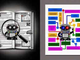 Zweigeteilte Illustration mit chaotischer, altmodischer CMS-Oberfläche links und strukturierter, semantischer CMS-Oberfläche rechts; ein Google-Bot zeigt auf der rechten Seite einen Daumen hoch.