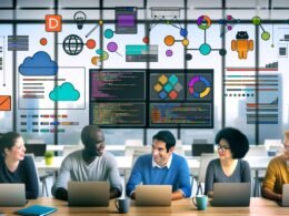 Dynamische Workspace-Szene mit drei Menschen und Laptops, sichtbaren Data Science Notebooks, bunten Diagrammen und Icons von Jupyter, Colab, Deepnote und Databricks, moderne, kollaborative Atmosphäre.