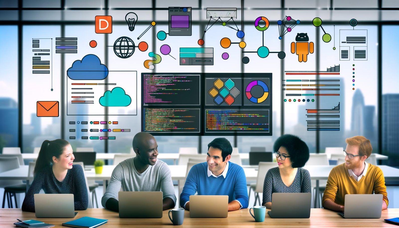 Dynamische Workspace-Szene mit drei Menschen und Laptops, sichtbaren Data Science Notebooks, bunten Diagrammen und Icons von Jupyter, Colab, Deepnote und Databricks, moderne, kollaborative Atmosphäre.