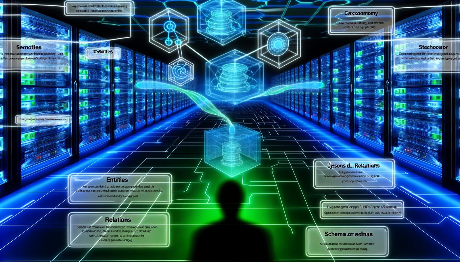 Futuristischer Serverraum mit holografischen Datenströmen, JSON-LD- und Schema.org-Snippets, menschlicher Silhouette vor einem abstrakten headless CMS, umgeben von Icons für APIs und KI-Assistenten.