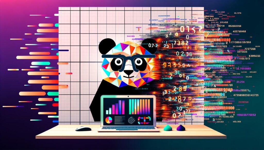 Stilisierter Pandabär mit Brille arbeitet am Laptop, umgeben von digitalen Datenströmen, bunten Diagrammen und DataFrames – Symbolbild für moderne Data-Science- und Datenaufbereitung.