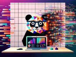 Stilisierter Pandabär mit Brille arbeitet am Laptop, umgeben von digitalen Datenströmen, bunten Diagrammen und DataFrames – Symbolbild für moderne Data-Science- und Datenaufbereitung.