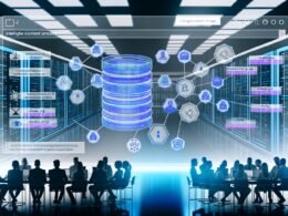 Moderner, von blauem Licht durchfluteter Serverraum mit transparenten Datenströmen, grafischen Netzwerken, UI-Mockup und diversen Experten, die intelligente Content- und Metadaten-Technologie analysieren.