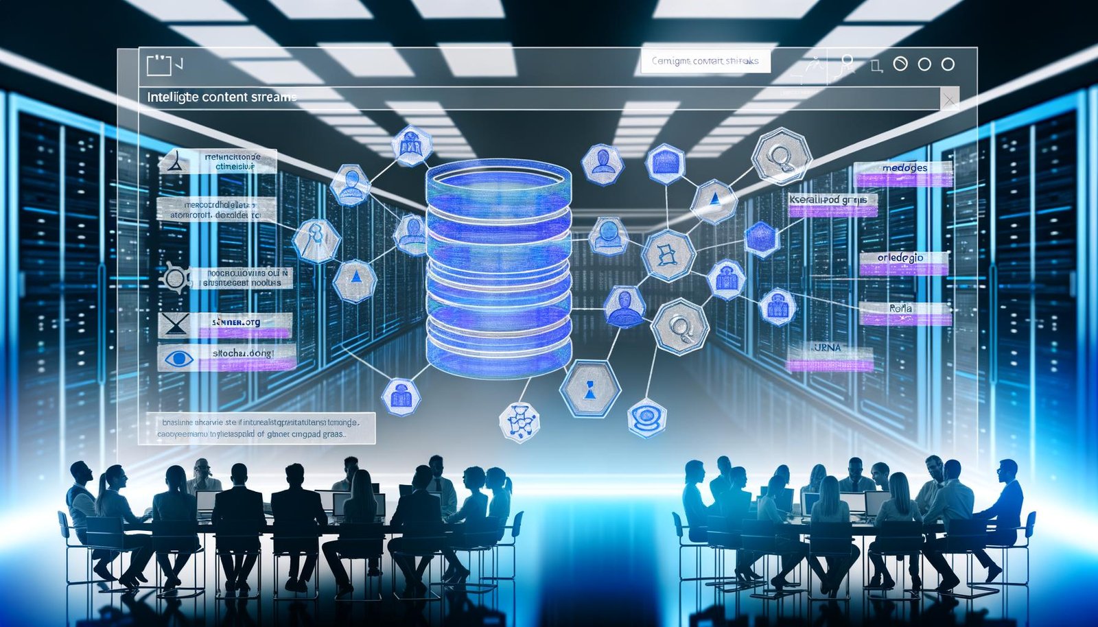 Moderner, von blauem Licht durchfluteter Serverraum mit transparenten Datenströmen, grafischen Netzwerken, UI-Mockup und diversen Experten, die intelligente Content- und Metadaten-Technologie analysieren.