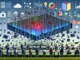 Dynamische Illustration eines großen, schwebenden Dataframe mit bunten Spalten und Datenpunkten, flankiert von KI-Symbolen, Python, R sowie fokussierten Business-Anwendern vor blassen Excel-Blättern.