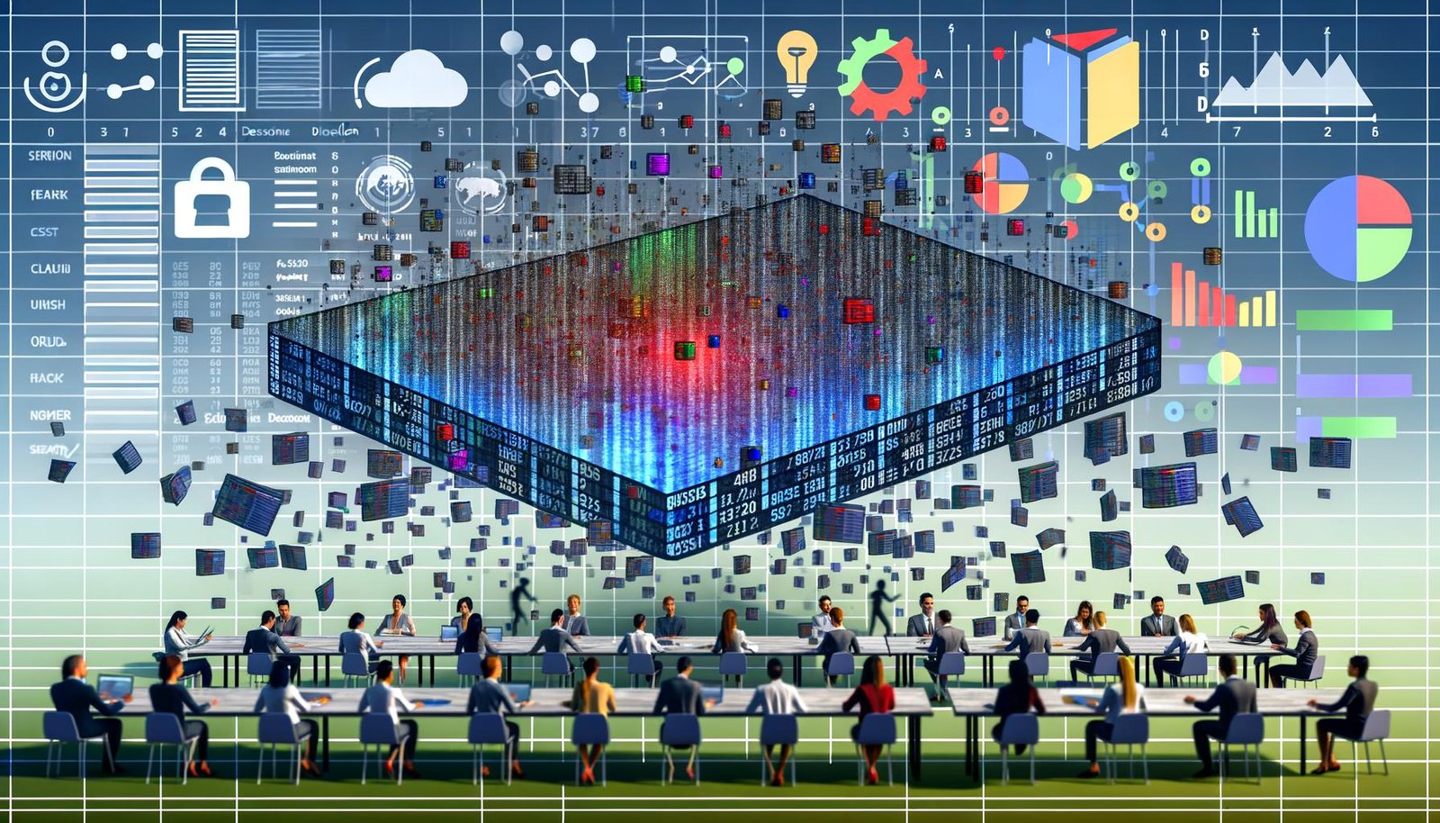 Dynamische Illustration eines großen, schwebenden Dataframe mit bunten Spalten und Datenpunkten, flankiert von KI-Symbolen, Python, R sowie fokussierten Business-Anwendern vor blassen Excel-Blättern.